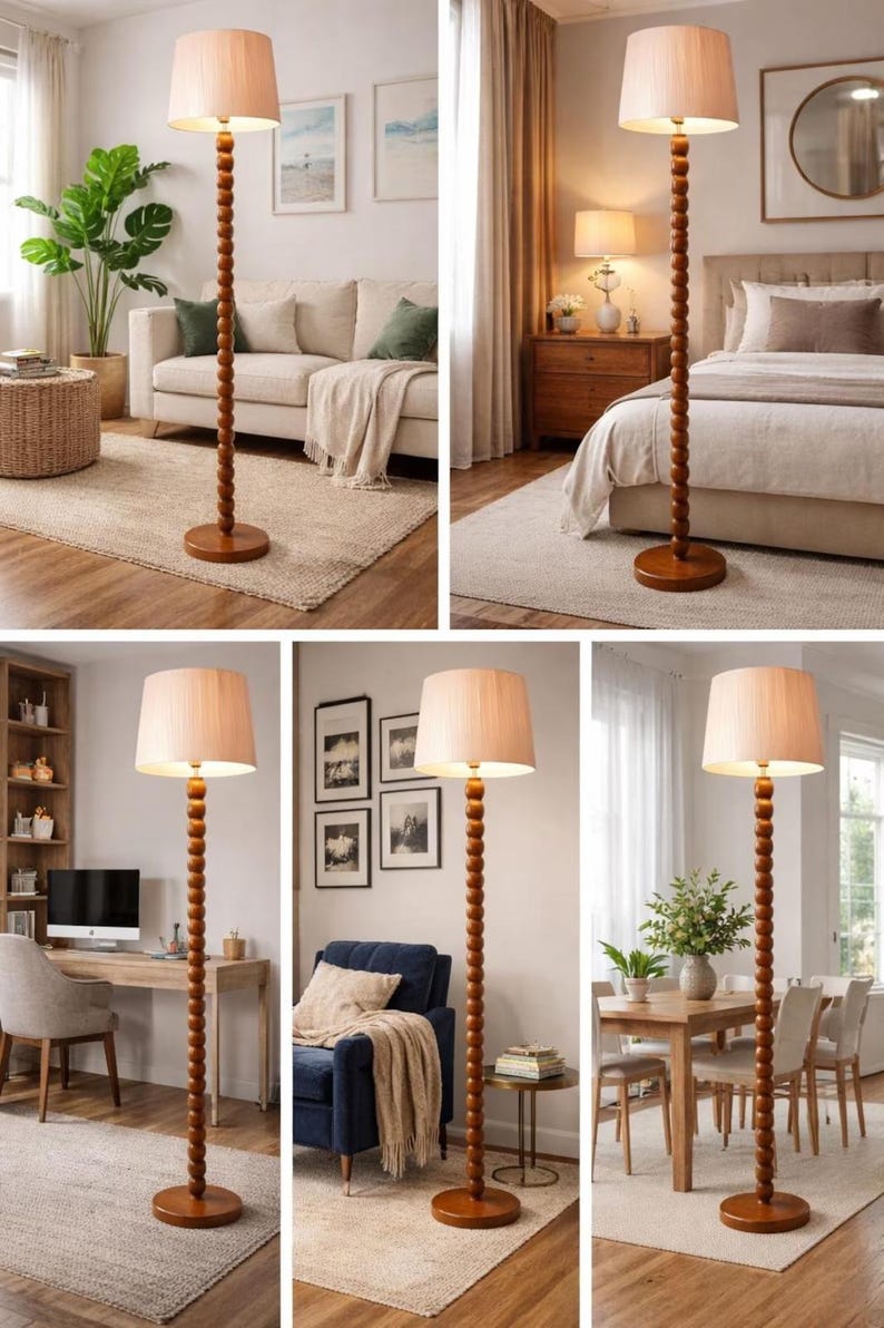 May include: A collection of floor lamps with a wooden beaded column and a beige lampshade. The lamps have a round base and are placed in different rooms, including a living room, bedroom, and dining room. The lamps are a warm brown color.