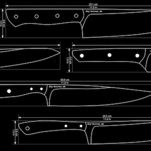 May include: Detailed black and white diagram of several knives, showcasing different blade shapes and handle designs. Measurements are provided in inches and centimeters, with the website diy-knives.de visible.