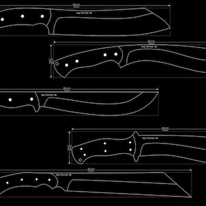 Peut inclure: Un ensemble de cinq modèles de couteaux en ligne blanche sur fond noir, chacun avec des trous pour les rivets de manche et le texte diy-knives.de. Les dimensions sont indiquées en centimètres et pouces, de 39,5 cm à 43,3 cm de longueur.