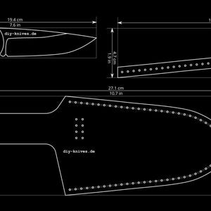 Pode incluir: Um desenho a traço branco de um padrão de faca e bainha sobre um fundo preto. As dimensões são fornecidas em centímetros e polegadas. A lâmina da faca tem 19,4 cm (7,6 polegadas) de comprimento. A bainha tem 27,1 cm (10,7 polegadas) de comprimento. O site diy-knives.de é visível.