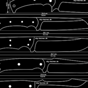 5 modelli di coltelli, coltelli da campeggio, stencil per coltellinai, grafica vettoriale PDF e DXF