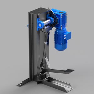 Puede incluir: Un dispositivo mecánico con un marco de acero gris oscuro, un motor eléctrico azul brillante y una unidad reductora. El conjunto incluye un eje horizontal, una varilla de enlace vertical, un resorte de tensión y un mecanismo de pedal.