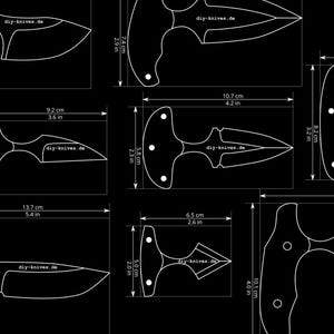 Könnte beinhalten: Schwarz-Weiß-Diagramme verschiedener Messerdesigns mit Maßen in Zentimetern und Zoll. Die Designs umfassen verschiedene Klingenformen und Griffstile. Die Website "diy-knives.de" ist sichtbar.