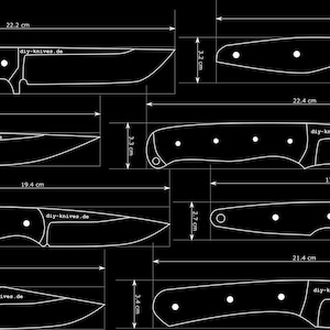 May include: Black and white knife templates with measurements in centimeters. The image shows several knife designs with dimensions labeled, including lengths of 22.2 cm, 22.4 cm, 19.4 cm, 21.2 cm, and 17.9 cm. The text "diy-knives.de" is present.
