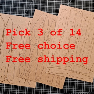 May include: Three rectangular sheets of light brown material featuring laser-cut outlines of various knife blade and handle designs. The text Pick 3 of 14, Free choice, and Free shipping is printed in red over the knife templates.