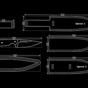 Puede incluir: Dibujo técnico en blanco y negro de diseños de cuchillos y fundas. Incluye medidas en centímetros. La funda Opción 1 mide 29,7 cm de largo. La funda Opción 2 mide 19,8 cm de largo. El cuchillo mide 21,8 cm de largo.