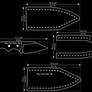 May include: A black technical drawing showing white outlines of a knife blade and sheath patterns with pre-punched holes. The knife measures 11.1 cm long, while the sheath components measure 10.3 cm by 4.4 cm. Text reads diy-knives.de.
