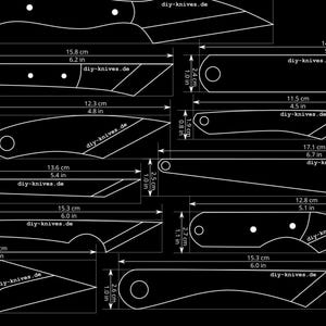 11 Kiridashi knife templates, simple and doable stencils for knifemakers and blacksmiths, knife design vector graphics PDF & DXF for printing
