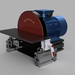 May include: A disc sander with a red sanding disc and a blue motor. The sander has a black table and a silver frame. The text "diy-knives.de" is printed on the sanding disc.