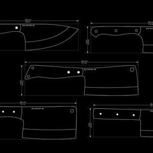 Pode incluir: Um desenho técnico sobre um fundo preto mostrando cinco perfis diferentes de lâminas de faca com contornos brancos. Cada faca inclui medidas visíveis em centímetros e polegadas, juntamente com o texto diy-knives.de impresso nas lâminas.