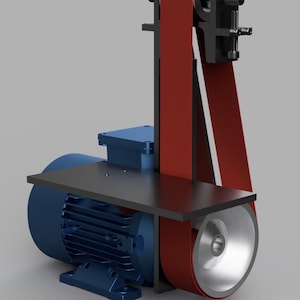 May include: A blue and black belt grinder with a red abrasive belt. The grinder has a large blue motor and a black platform. The abrasive belt is approximately 5 cm wide.
