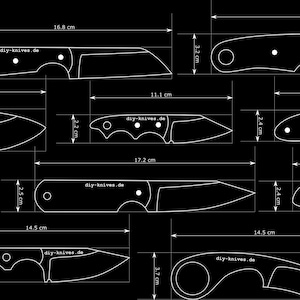 Puede incluir: Dibujos técnicos de varios diseños de cuchillos, con medidas en centímetros. Los cuchillos se muestran en forma de contorno sobre un fondo negro. El texto en los diseños dice "diy-knives.de".