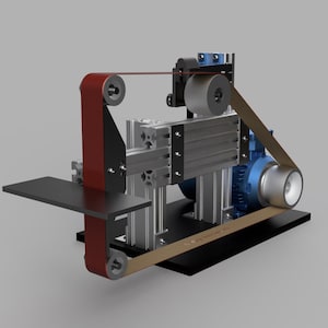 May include: A belt grinder featuring a red abrasive belt, a silver aluminum extrusion frame, a blue electric motor, and a black metal base. The machine includes a flat black work rest platform and multiple circular rollers to guide the belt.