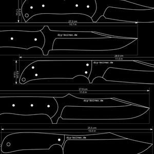 May include: White outline drawings of knife designs on a black background. Measurements are in inches and centimeters. The text "diy-knives.de" is present on the designs. The longest knife is 11.0 inches (28.0 cm) long.