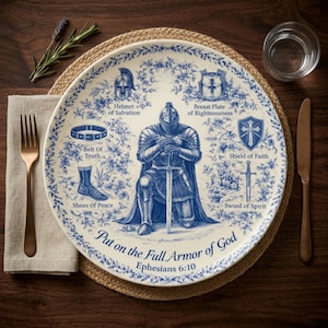 May include: A white ceramic plate with a blue illustration of a knight in armor, surrounded by other armor pieces and floral designs. The plate has the text "Put on the Full Armor of God" and "Ephesians 6:10". A fork, knife, and glass of water are on the table.
