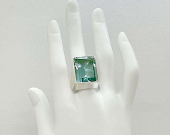 Silver ring, obsidian, sea blue, rectangle, 1.5 x 2 cm