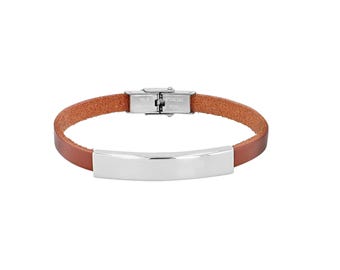 Unisex leather bracelet with stainless steel engraving plate, light brown