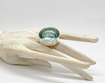 Anello in argento, ossidiana, blu mare, rotondo, 3 cm