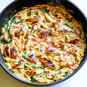 May include: A black skillet filled with a creamy pasta dish containing orzo, seared golden-brown chicken pieces, chopped red onions, and fresh green spinach leaves, all coated in a rich, light-colored sauce within the circular pan.