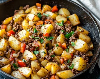 Savory Country Beef Potato Skillet Recipe PDF, Easy Comfort Food Meal, Digital Download