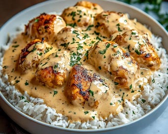 Puede incluir: Un cuenco blanco lleno de una base de arroz blanco esponjoso cubierto con varios trozos de proteína dorados y sellados, bañados en una salsa beige espesa y cremosa. El plato está decorado con hierbas verdes picadas esparcidas por encima.