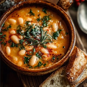 May include: A close-up shot of a hearty bean soup in a brown ceramic bowl. The soup is garnished with fresh green herbs, red spices, and a sprig of rosemary. Slices of toasted bread are on the side, creating a rustic, appetizing presentation.