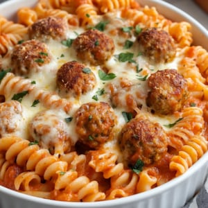 May include: A white ceramic bowl filled with rotini pasta coated in a vibrant red tomato sauce, topped with several browned meatballs and melted white cheese, garnished with small flecks of fresh green herbs scattered across the dish.