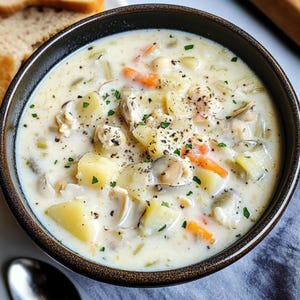 May include: A bowl of creamy clam chowder featuring chunks of white potatoes, orange carrots, and pieces of clam in a thick white broth. The soup is seasoned with black pepper and garnished with small flecks of green herbs throughout the dish.