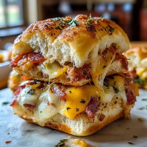 May include: A stack of two square sliders featuring golden-brown toasted buns topped with green herbs. The interior reveals layers of melted yellow and white cheese combined with pieces of cooked bacon, creating a savory, textured appearance.