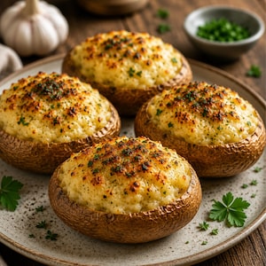 May include: Four baked stuffed mushrooms on a plate. The mushrooms have a brown exterior and a golden-brown, cheesy filling, garnished with herbs. The plate is light grey, with garlic and chopped herbs in the background.