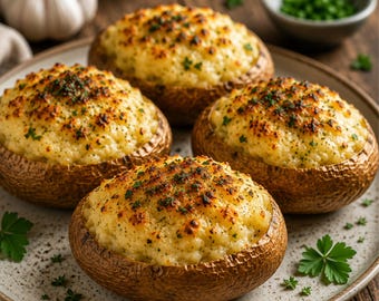 Recept pdf met met knoflook en kruiden gevulde aardappelen, digitale download