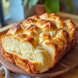 May include: A rectangular loaf of golden-brown pull-apart bread with a shiny, glazed crust. The top surface features multiple rounded, interconnected segments, while the exposed side reveals a soft, airy, white interior crumb texture.
