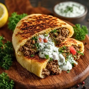 Può includere: Un pane piatto tostato dorato farcito con carne macinata condita, guarnito con una salsa bianca cremosa allo yogurt, prezzemolo verde fresco e piccoli pezzi di pomodoro rosso, servito con una salsa bianca a lato e uno spicchio di limone.