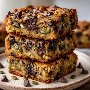 Può includere: Una pila di tre quadrati di prodotti da forno dorati, guarniti con pezzi di cioccolato fondente e semi di zucca verdi, su un piatto. Le gocce di cioccolato sono sparse intorno alla base della pila.