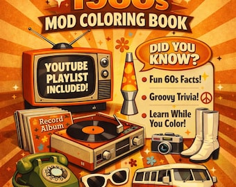 Libro para colorear para adultos de los años 60, estilo retro moderno y nostálgico / Páginas para colorear llamativas y fáciles, PDF imprimible de 50 páginas, descarga instantánea, regalo vintage.