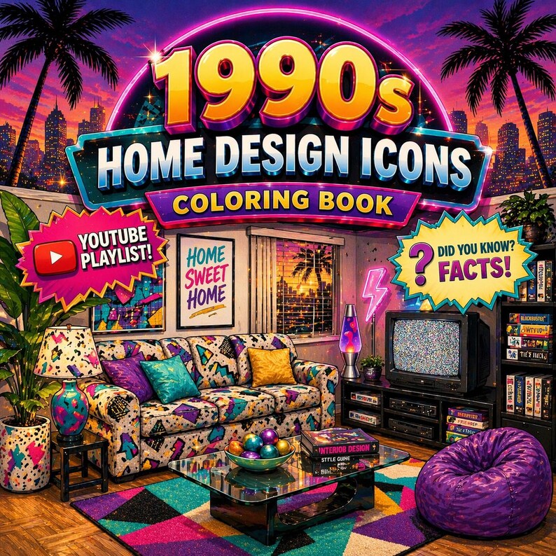 90s Home Design Coloring Pages Printable, Retro Interior Decor Coloring ...