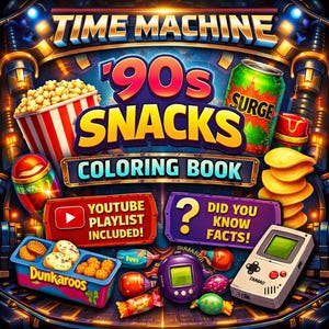 May include: A colorful illustration promoting a '90s Snacks Coloring Book. The image features a popcorn container, a can of Surge, chips, Dunkaroos, candies, a Tamagotchi, and a handheld game console. Text includes "Time Machine", "90s Snacks", "Coloring Book", "Youtube Playlist Included!", and "Did You Know Facts!"