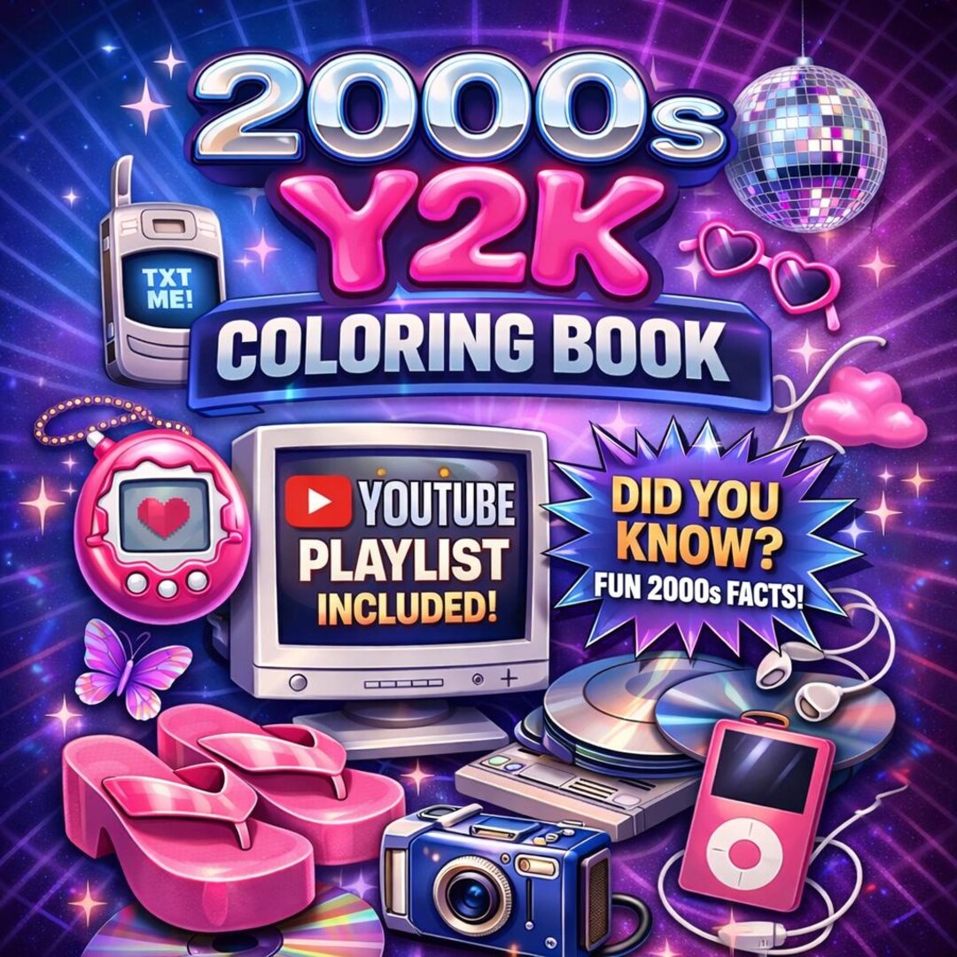 2000s Printable Coloring Book, Y2K Coloring Pages, 50 Page PDF