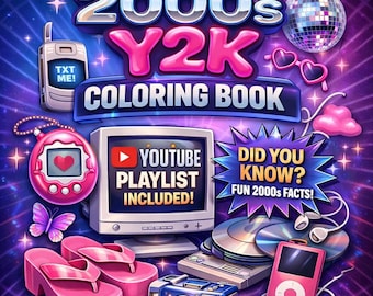 Libro para colorear para adultos estilo Y2K (años 2000) imprimible, páginas para colorear nostálgicas, llamativas y fáciles, PDF de 50 páginas, lista de reproducción de música QR, regalo con estética retro Y2K