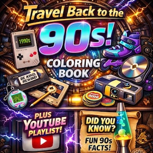 90s Adult Coloring Book Printable, Bold and Easy Nostalgic Coloring Pages for Millennials, 50 Page PDF, Music Playlist QR, Retro Gift