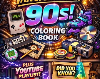 1990s Printable Coloring Book for Adults, 90s Nostalgia Coloring Pages, Digital Download PDF, Retro Party Activity