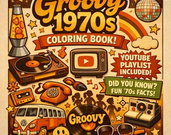 1970s Adult Coloring Book, Groovy Retro Nostalgia | Bold & Easy Coloring Pages, 50-Page Printable PDF, Instant Download, Vintage Gift