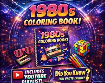 1980s Adult Coloring Book, Neon Retro Nostalgia | Bold & Easy Coloring Pages, 50-Page Printable PDF, Instant Download, Vintage Gift