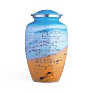 Urna de cremación para cenizas Ocean Blue Beach: urna conmemorativa de aluminio pintada a mano