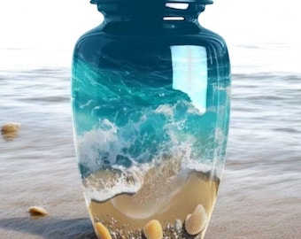 Ocean Wave & Seashell Cremation Urn – Hand-Painted Aluminium Urn