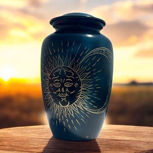 Urna de cremación con sol y luna pintada a mano – Recuerdo conmemorativo celestial