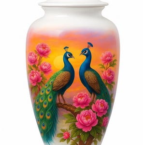 Puede incluir: Urna de cerámica blanca con tapa, con una vibrante ilustración de dos pavos reales posados en una rama con peonías rosas. El fondo muestra una puesta de sol con tonos naranja, amarillo y rosa.