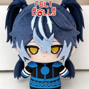 May include: A handmade felt doll with dark blue hair styled in two ponytails. The doll has yellow eyes and is wearing a black and blue outfit. The text "CUSTOM FELT DOLLS" is displayed in red and white.