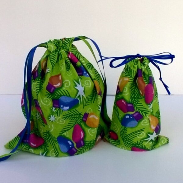 Colorful Christmas Lights Gift Bags Upcycled Fabric, Reusable