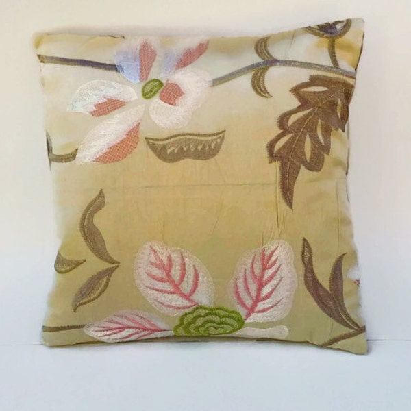 Embroidered Floral Accent Throw Pillow Cover 16 Inch Square Upcycled 16 X 16 Decorative Toss, Scatter Pillow